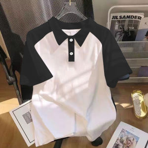 Heavy Weight Black and White Patchwork Polo Shirt Short Sleeve Mens Summer American Fashion Brand Handsome Raglan Half Sleeve T-Shirt Couples Tops