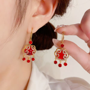 Chinese style red lucky lock design tassel ear hooks Women Girls New Year dangle earrings