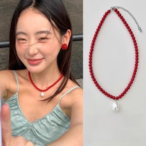 Vòng Cổ Ngọc Trai Giọt Nước Màu Đỏ Lấy Cảm Hứng Từ Người Hâm Mộ Hàn Quốc Nữ Thanh Lịch Dây Chuyền Xương Đòn Phong Cách Ins Nhẹ Dây Chuyền Cổ Cảm Giác Sang Trọng