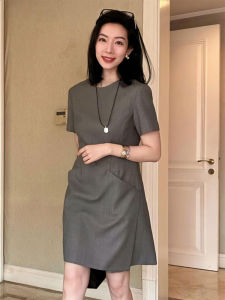 YUFUQING | Gray French Style Short Sleeve Round Neck Dress Womens Summer New High Waist A-Line Skirt Elegant Maturity Waist Inward Dress