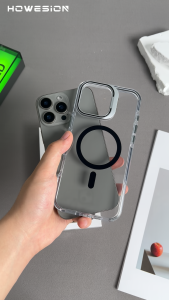 HOWESION ที่วางเลนส์อัลลอยเคสโทรศัพท์แม่เหล็กกันกระแทกสำหรับ iPhone 16 Pro Max/ 15 14 13 12 Pro Max/ iPhone 16 15 Plus เคสป้องกันการกระแทกทหารขาตั้งชัดเจน
