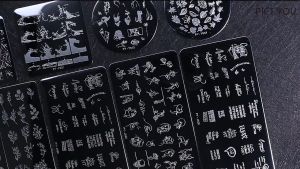 12 Gaya / Set Template/ Pelat Stamping Kuku/ Manicure Transfer Template Stencil Motif Geometri / Bunga / Garis / Tulisan Untuk Nail Art / Manicure