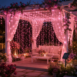 Solar Curtain Lights 3x1M/3x2M/3x3M LED Fairy String Lights 8 Modes Auto On for Window Bedroom Wedding Christmas Decor