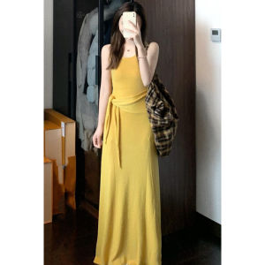 YUEZHONGWEI | Yellow Ice Silk Knitted Strap Dress Women Summer Beach Vacation Slim Fit Wrap Around Long Sleeveless Dress U Neckline A Line Skirt