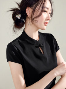 Chinese Style Loose Fit Cotton T-Shirt Womens Short Sleeve Pure Cotton Summer New Vintage Design Collar Stand up Top