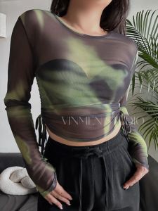 Ưu Đãi Đặc Biệt Nữ Lưới Chống Nắng Xuyên Thấu Áo Dây Rút Gấp Gọn Thiết Kế Tay Áo Dài Cổ Tròn Phong Cách Đi Lại Ôm Vừa Vặn