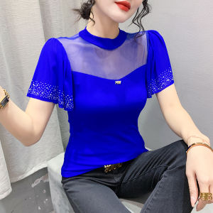 YIMEI Áo Màu Đen Lớn 2023 Áo Thun Khiêu Vũ Nhún Bèo Mùa Hè Phiên Bản Hàn Quốc Gợi Cảm Mới Chạm Khoét Áo Thiết Kế Thời Trang Nữ Áo Nữ Lưới Kim Cương