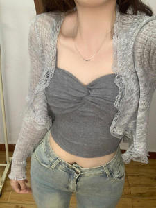 เสื้อคาร์ดิแกนถักคอวีแขนยาวผ้าโปร่งสีเทาบางสำหรับผู้หญิงในฤดูร้อน เสื้อคลุมกันแดดแบบสวมหัว ชุดเดรส ชุดทำงาน สไตล์เกาหลี