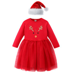 Kids Reindeer Tulle Dress Christmas Girls Clothes Set Red/Green with Santa/Elf Hat Xmas Party Outfit