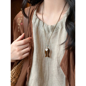 Natural Tiger Eye Stone Long Pendant Necklace Womens Style Braid Rope Sweater Chain Hanging Accessory Eastern Style Fashion Jewelry