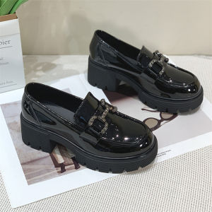 Black British Style Flats Womens Spring 2024 New Small Size Heightening Thick Bottom Single Shoes Painted Leather Chunky Heel