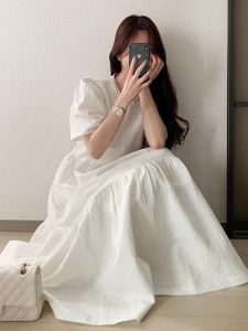 QFN | White French Style Fresh Sweet Dress Round Neck Cinched Waist Puff Sleeves