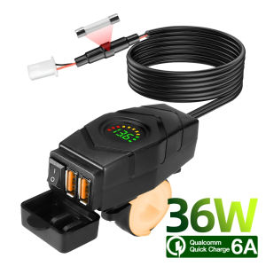 36W QC USB Adapter Waterproof Motorcycle Charger DC 12V-24V with LED Display & ON/Off Switch for GPS Camera Cellphone