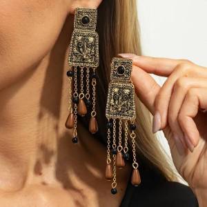 SHIXIN Vintage Carving Flower Geometric Drop Earrings for Women Luxury Water Drop Tassel Pendant Earrings Fashion Party Jewelry