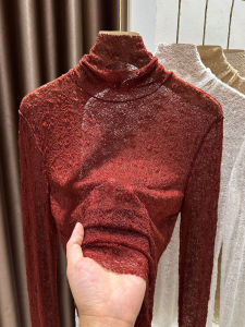 Áo Sơ Mi Ren Khoét Sâu Cổ Cao Cho Nữ Mùa Thu Đông Mềm Mại Lưới Mỏng Áo Lót Thấm Hút Mồ Hôi Kiểu Dáng Cơ Bản