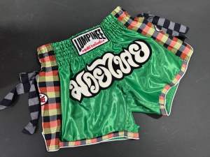 Lumpinee Satin Retro Muay Thai Fight Shorts Green with Checkered Mesh Detail and Ribbons
