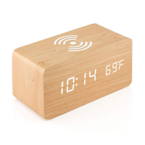 Wooden Digital Alarm Clock with Wireless Charging LED Clock with Time DateTemperature Desk Clocks for OfficeBedside Clock
