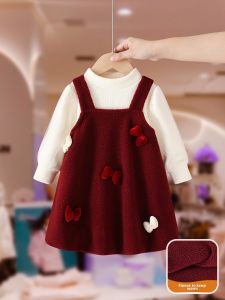 Girls Winter Dress Set Fleece Lined Bib Skirt New Year Celebration Outfit Korean Style Cotton Long Sleeve Butterfly Knot Dress