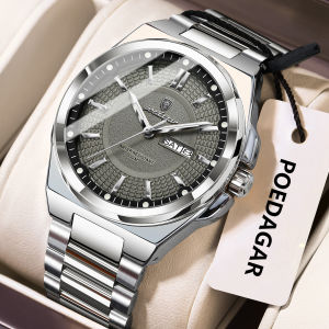 POEDAGAR Fashion Men Wristwatch Stainless Steel Waterproof Luminous Man Clock Date Week Quartz Business Mens Watches Male Reloj