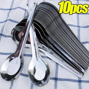 10PCS Stainless Steel Spoon Set Silver Polished Flat Bottom Rice Spoons Large Capacity Deepened Kitchen Tableware Home Supplie