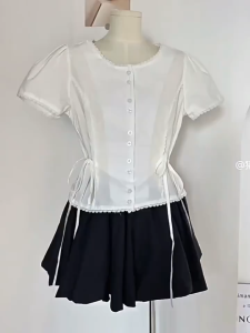 White Lace Trim Short Sleeve Blouse For Women Slim Korean Shirt Top
