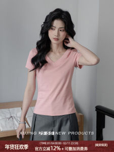 Slim Fit Short Sleeve V-Neck T-Shirt Womens Base Layer Shirt Commute Style Spring Cotton 100% Regular Length Top