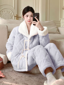 Thickened Coral Fleece Sleepwear Womens New Chinese Style Home Clothes Cotton Sandwich Autumn Winter Long Sleeve Warm Home Suit
