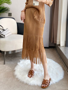 Chic Fringed Pleated Midi Skirt Women Summer Thin Three-dimensional Design Slimming Versatile Mid-length Pleated Skirt