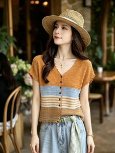 YUEZHONGWEI | Striped Orange V-Neck Bow Lace Ice Silk Knit Slim Fit Summer Blouse