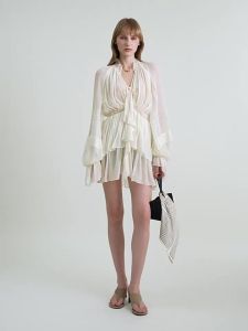 Silk Flower Shoulder V-Neck Drawstring Pleated Dress