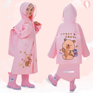Childrens Hooded Raincoat With High-Definition Brim Backpack Bag Reflective Strip PVC Raincoat Wear-Resistant Waterproof Cartoon Bear Raincoat