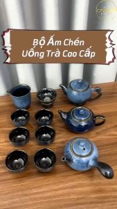 Bộ ấm chén uống trà 9 món cao cấp bộ ấm chén men thiên mục sang trọng tinh tế chất liệu gốm sứ thiết kế thanh lịch phù hợp cho những buổi trà đạo thêm phần quý phá