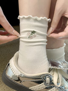 Pure Cotton Lace Trim Socks Womens Mid-Calf Thin Embroidered Pile Summer Cute No-Cuff Spring Autumn Breathable Sweat Absorbent