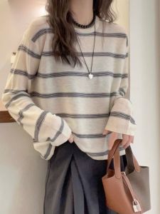 American Retro Color Block Striped Soft Long Sleeve Knitted Sweater Womens Loose Base Shirt Autumn New Style Cotton Wool Blend