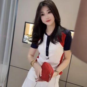 BINKAFENNY | Fashionable Color Block Short Sleeve T-Shirt Womens Summer New Slim Fit Unique Beautiful Top Korean Style Commute Wind Pure Color