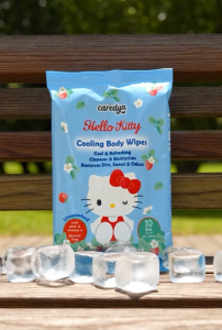 CAREDYN Hello Kitty Cooling Body Wipe Sheets Alcohol Free Unscented (Removes Sweat & Body Odour) 10sX4
