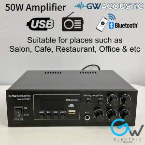 50W 100V 2 Zone Public Address Amplifier with Bluetooth FM Antenna USB MP3 GW Acoustic