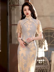 Retro Style Long Lace Young Womens Dress Daily Wear Spring 2025 Elegant Lady Cheongsam Floral Pattern Short Sleeve Polyester Fiber