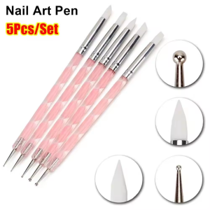 LINMANDA 5 Piece Double Ended Nail Art Brush with Silicone Tip Professional Nail Tool Suitable for Salon and Home Use