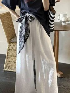 Quần Ống Rộng Màu Trắng Cạp Cao Cho Nữ Mùa Thu Phong Cách Hàn Quốc Đi Biển Tự Do Quần Dài Thời Trang Quần Dài Rộng Rãi