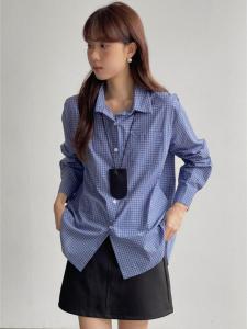 Noon Encounter [Shengshui Cave Korean Style Gingham Shirt] Fancy Fine Plaid Blue Long Sleeved Shirt 2024 Autumn New Arrival