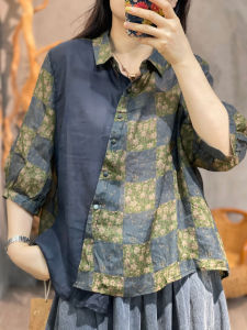 เสื้อเชิ้ตแขนสั้นพิมพ์ลายที่ไม่เป็นไปตามลําดับสําหรับผู้หญิง สไตล์ใหม่ของฤดูร้อนที่หลวมหลามพร้อมกับแพทช์กัญชา