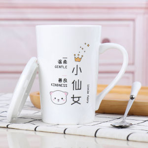Cartoon Ceramic Breakfast Coffee Drinking Cup Couple Trendy Water Cup Men Women Tea Cup with Lid Spoon for Parents Kids