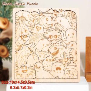Kids Irregularly Animal Shape Puzzles Wooden Toy Dinosaur Ocean Stacked Jigsaw Intelligence Game Logical Thinking Education Toys
