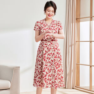 Đầm Mùa Hè Thanh Lịch Cho Phụ Nữ Trung Niên Và Cao Tuổi Đầm Chữ a Tay Ngắn Cổ Chữ V Dáng Rộng Có Thắt Lưng Đầm Midi Thường Ngày