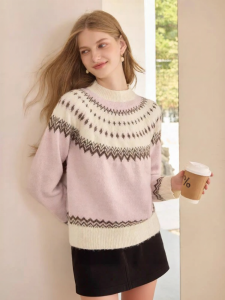 XIANGYING | Pink Fair Isle Knit Sweater for Women Wool Content Youthful Hooded Loose Sweater