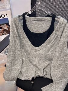 สไตล์ฝรั่งเศส หวาน และถักสีเทาเผ็ด เสื้อท่อนบน ผู้หญิง ฤดูใบไม้ร่วง ฤดูหนาว คอวี มีฟองน้ำ เสื้อเบสเกาหลี หลวม แขนยาวพอดี