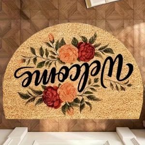 VIKAMA Welcome Floral Doormat Easy To Clean Machine Washable Semi-Circular Entrance Mat Home Decor Rug