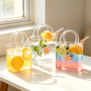 4/1Pc Tote Drinking Glass with Straw Creative Water Cup Table 26oz Kettle for Juice Cocktail as Hydroponic Containers Glass Vase