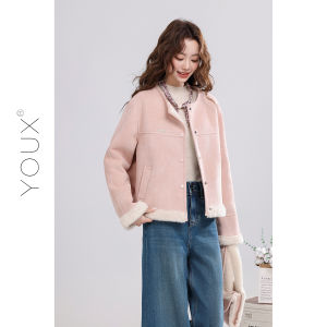 YOUXIANG | Áo Khoác Mùa Đông Ngắn cổ tròn phong cách Retro lông và da lộn